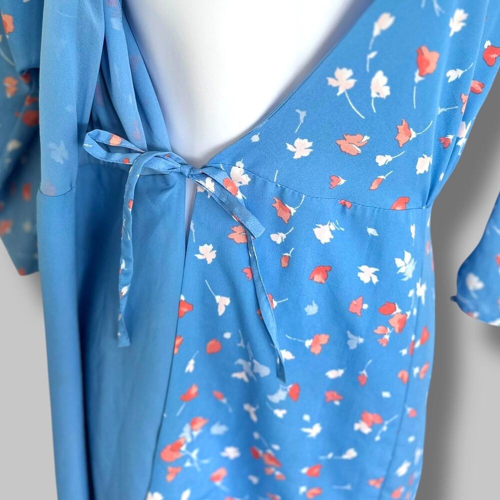 Joie Blue Floral Wrap Dress Size XS Long Sleeve V-Neck Midi Dress Asymmetric Hem - Picture 8 of 11
